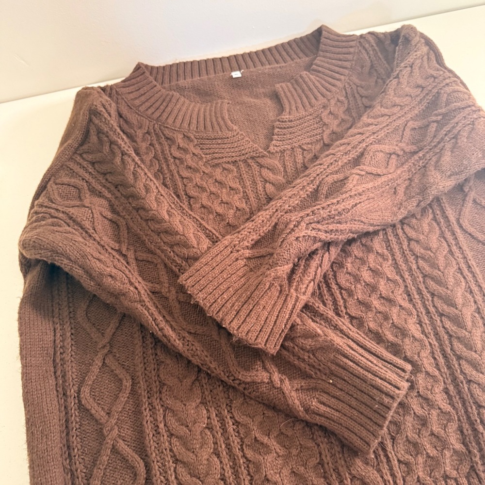 Womens Chocolate Brown Cable Knit Sweater Oversized Notched Scoop Neck XL